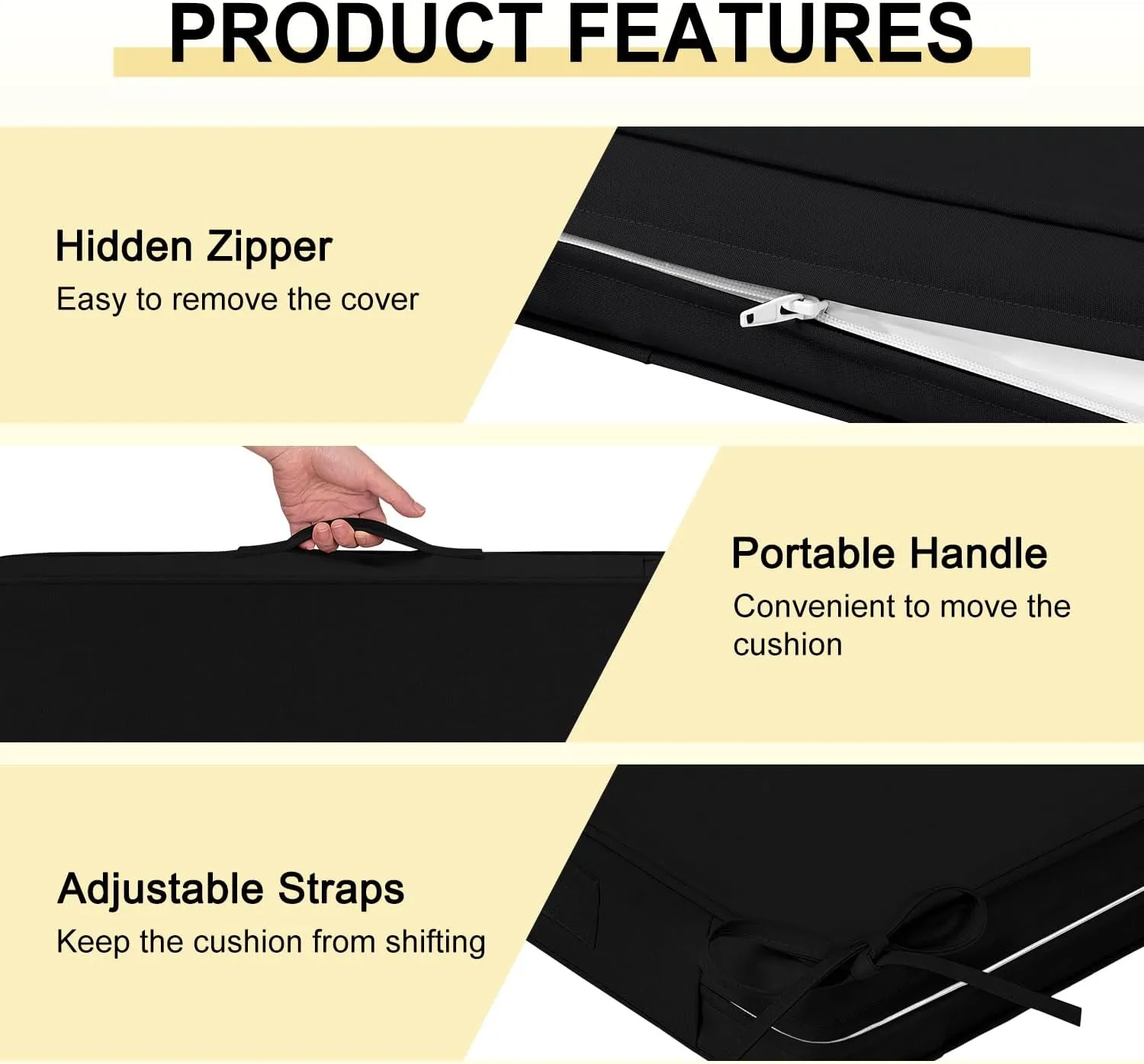 downluxe Waterproof Outdoor Chair Cushions for Patio Furniture, 18" x 18" x 2" Patio Chair Cushion with Adjustable Ties & Portable Handle, Square Outdoor Cushion with Removable Cover, Black, 2 Pack