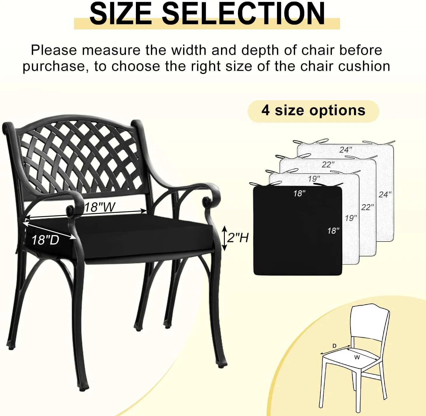 downluxe Waterproof Outdoor Chair Cushions for Patio Furniture, 18" x 18" x 2" Patio Chair Cushion with Adjustable Ties & Portable Handle, Square Outdoor Cushion with Removable Cover, Black, 2 Pack