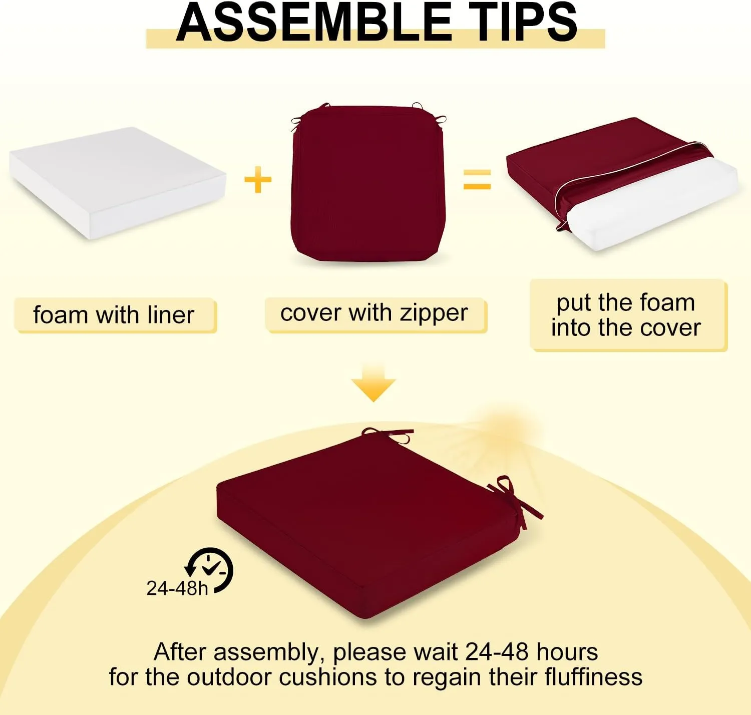downluxe Waterproof Outdoor Chair Cushions for Patio Furniture, 18" x 18" x 2" Patio Chair Cushion with Adjustable Ties & Portable Handle, Square Outdoor Cushion with Removable Cover, Burgundy, 2 Pack