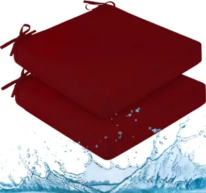 downluxe Waterproof Outdoor Chair Cushions for Patio Furniture, 18" x 18" x 2" Patio Chair Cushion with Adjustable Ties & Portable Handle, Square Outdoor Cushion with Removable Cover, Burgundy, 2 Pack