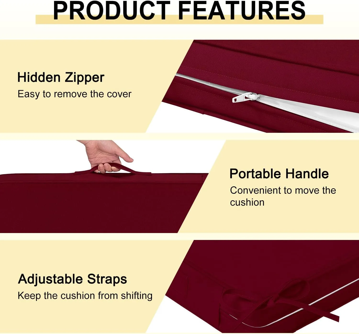 downluxe Waterproof Outdoor Chair Cushions for Patio Furniture, 18" x 18" x 2" Patio Chair Cushion with Adjustable Ties & Portable Handle, Square Outdoor Cushion with Removable Cover, Burgundy, 2 Pack