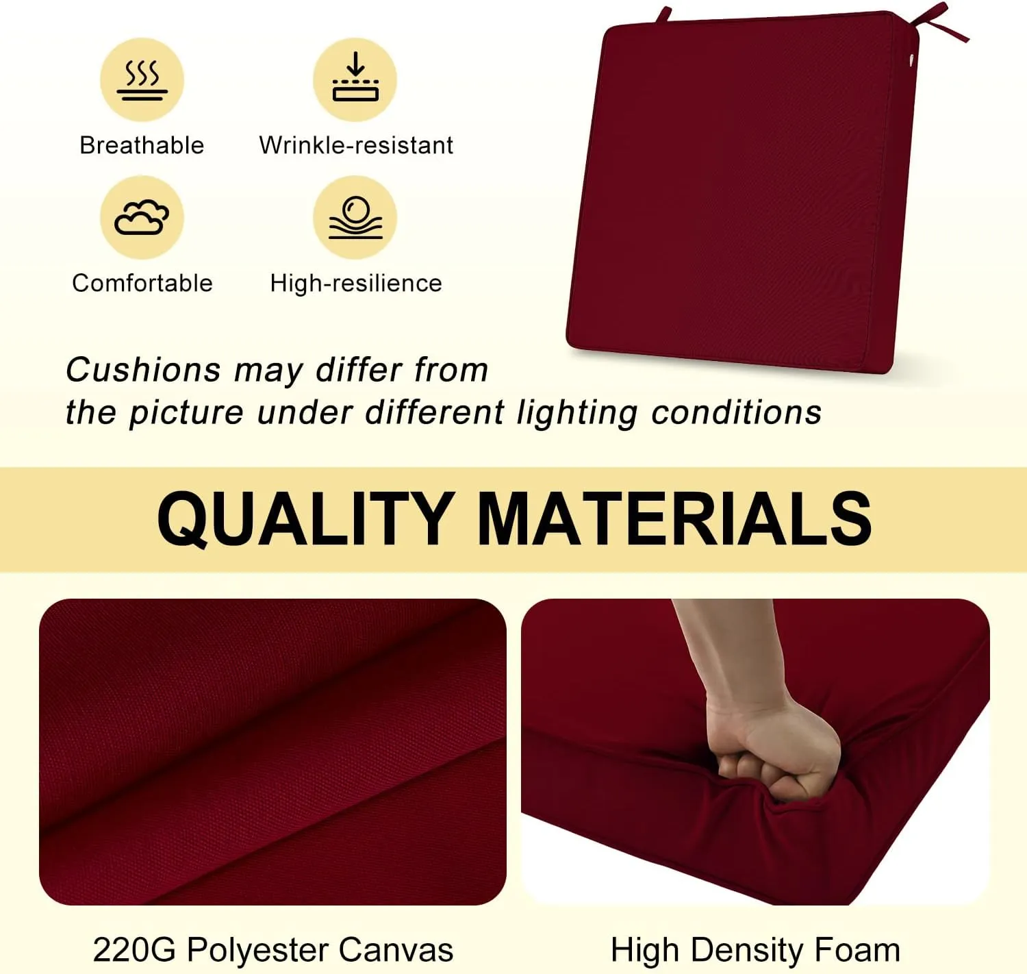 downluxe Waterproof Outdoor Chair Cushions for Patio Furniture, 18" x 18" x 2" Patio Chair Cushion with Adjustable Ties & Portable Handle, Square Outdoor Cushion with Removable Cover, Burgundy, 2 Pack
