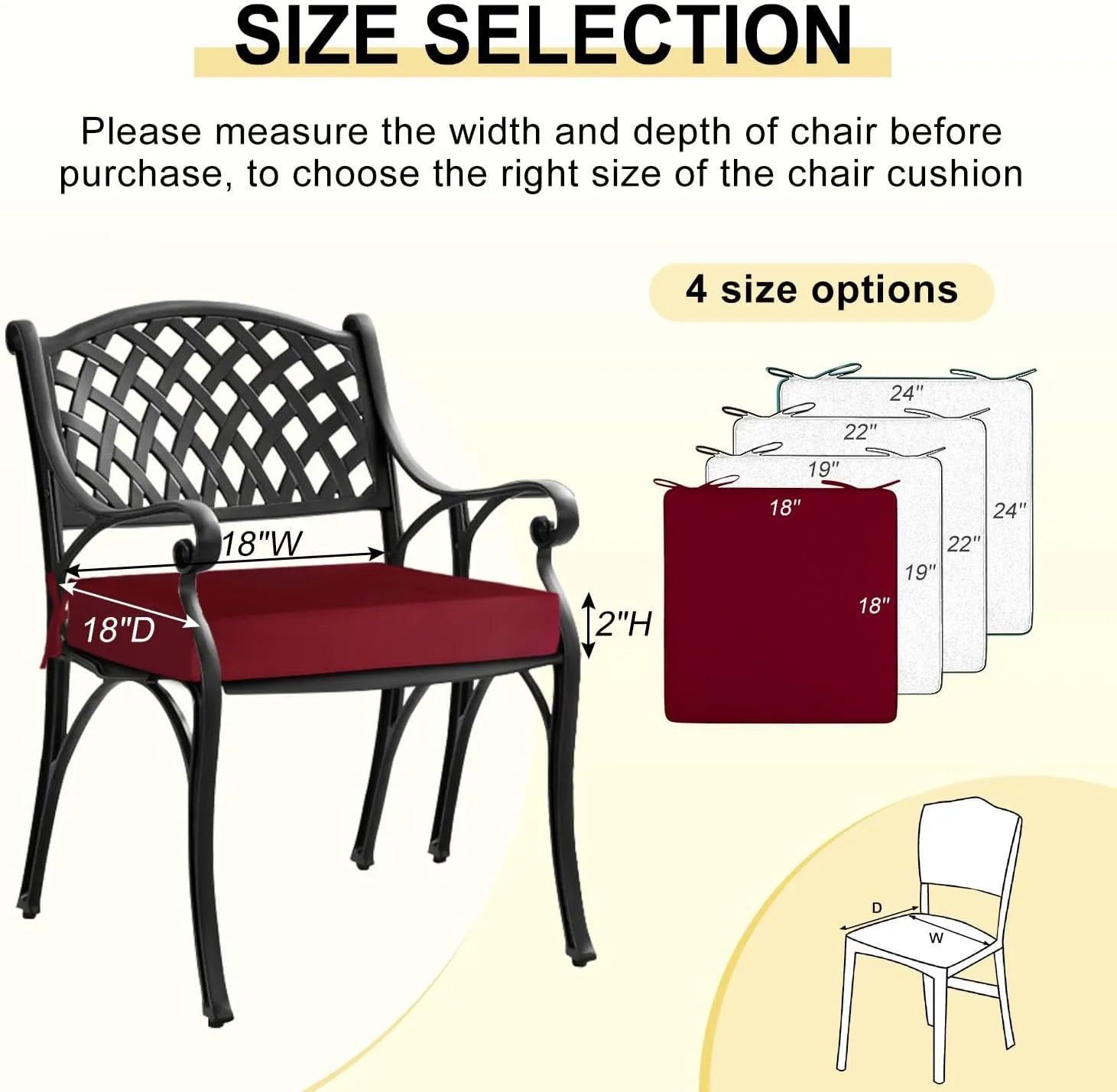 downluxe Waterproof Outdoor Chair Cushions for Patio Furniture, 18" x 18" x 2" Patio Chair Cushion with Adjustable Ties & Portable Handle, Square Outdoor Cushion with Removable Cover, Burgundy, 2 Pack
