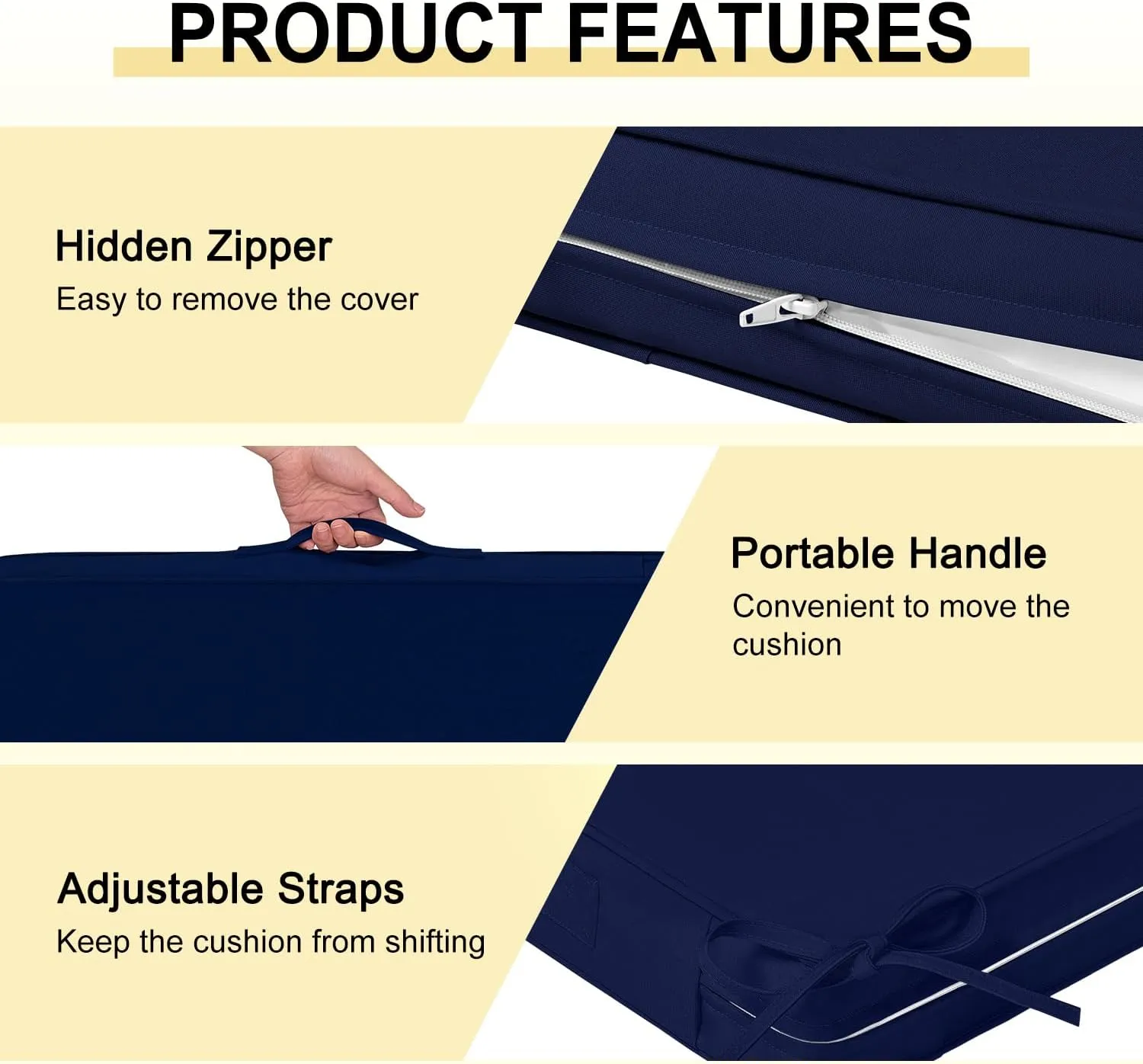 downluxe Waterproof Outdoor Chair Cushions for Patio Furniture, 18" x 18" x 2" Patio Chair Cushion with Adjustable Ties & Portable Handle, Square Outdoor Cushion with Removable Cover, Navy, 2 Pack