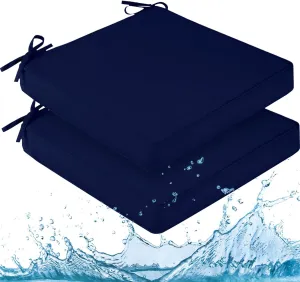downluxe Waterproof Outdoor Chair Cushions for Patio Furniture, 18" x 18" x 2" Patio Chair Cushion with Adjustable Ties & Portable Handle, Square Outdoor Cushion with Removable Cover, Navy, 2 Pack