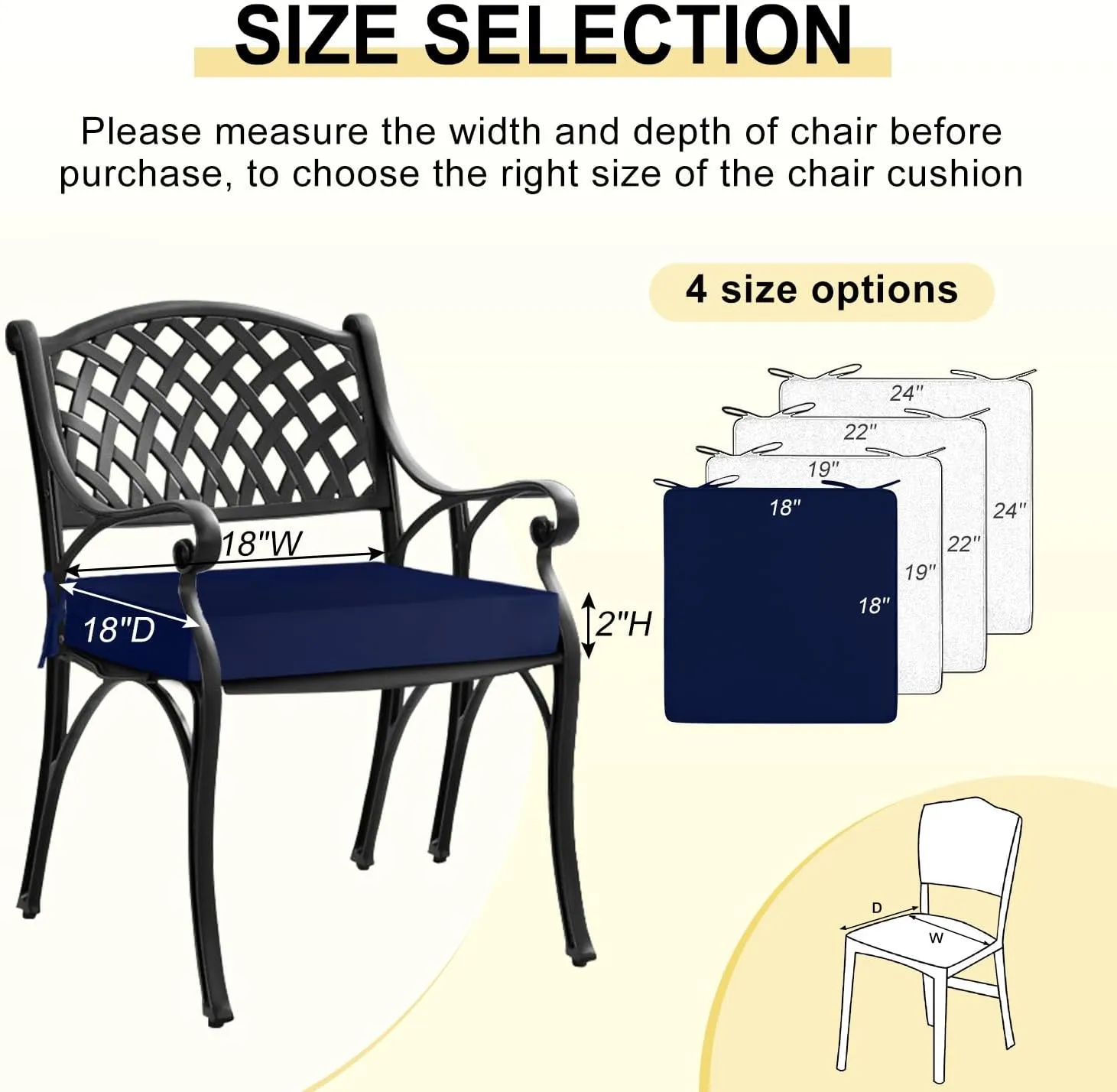 downluxe Waterproof Outdoor Chair Cushions for Patio Furniture, 18" x 18" x 2" Patio Chair Cushion with Adjustable Ties & Portable Handle, Square Outdoor Cushion with Removable Cover, Navy, 2 Pack