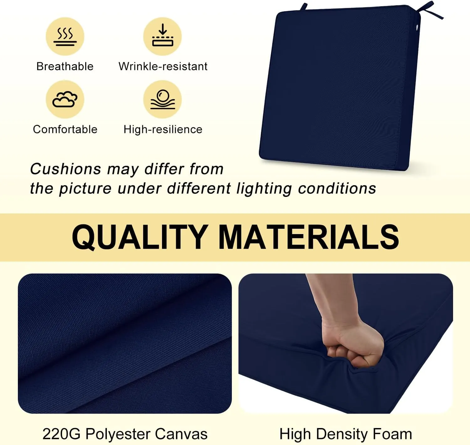 downluxe Waterproof Outdoor Chair Cushions for Patio Furniture, 18" x 18" x 2" Patio Chair Cushion with Adjustable Ties & Portable Handle, Square Outdoor Cushion with Removable Cover, Navy, 2 Pack
