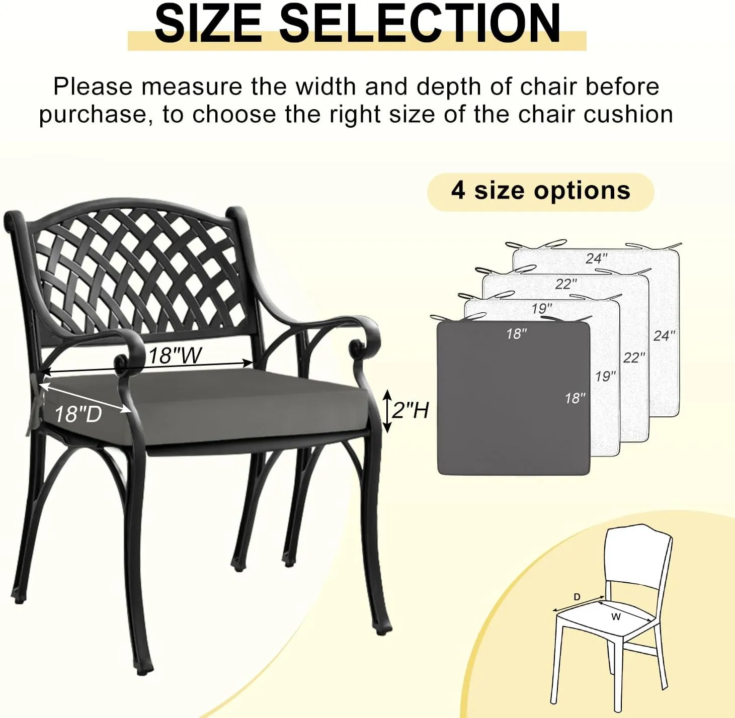 downluxe Waterproof Outdoor Chair Cushions for Patio Furniture, 18" x 18" x 2" Patio Chair Cushion with Non-Slip Ties & Portable Handle, Square Outdoor Cushion with Removable Cover, Dark Grey, 2 Pack