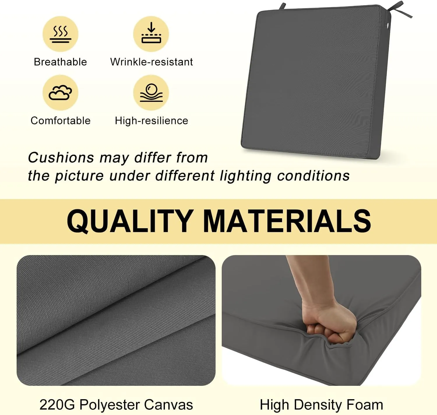 downluxe Waterproof Outdoor Chair Cushions for Patio Furniture, 18" x 18" x 2" Patio Chair Cushion with Non-Slip Ties & Portable Handle, Square Outdoor Cushion with Removable Cover, Dark Grey, 2 Pack