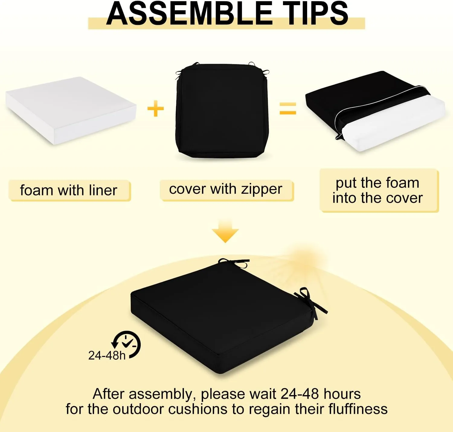 downluxe Waterproof Outdoor Chair Cushions for Patio Furniture, 19" x 19" x 2" Patio Chair Cushion with Adjustable Ties & Portable Handle, Square Outdoor Cushion with Removable Cover, Black, 2 Pack