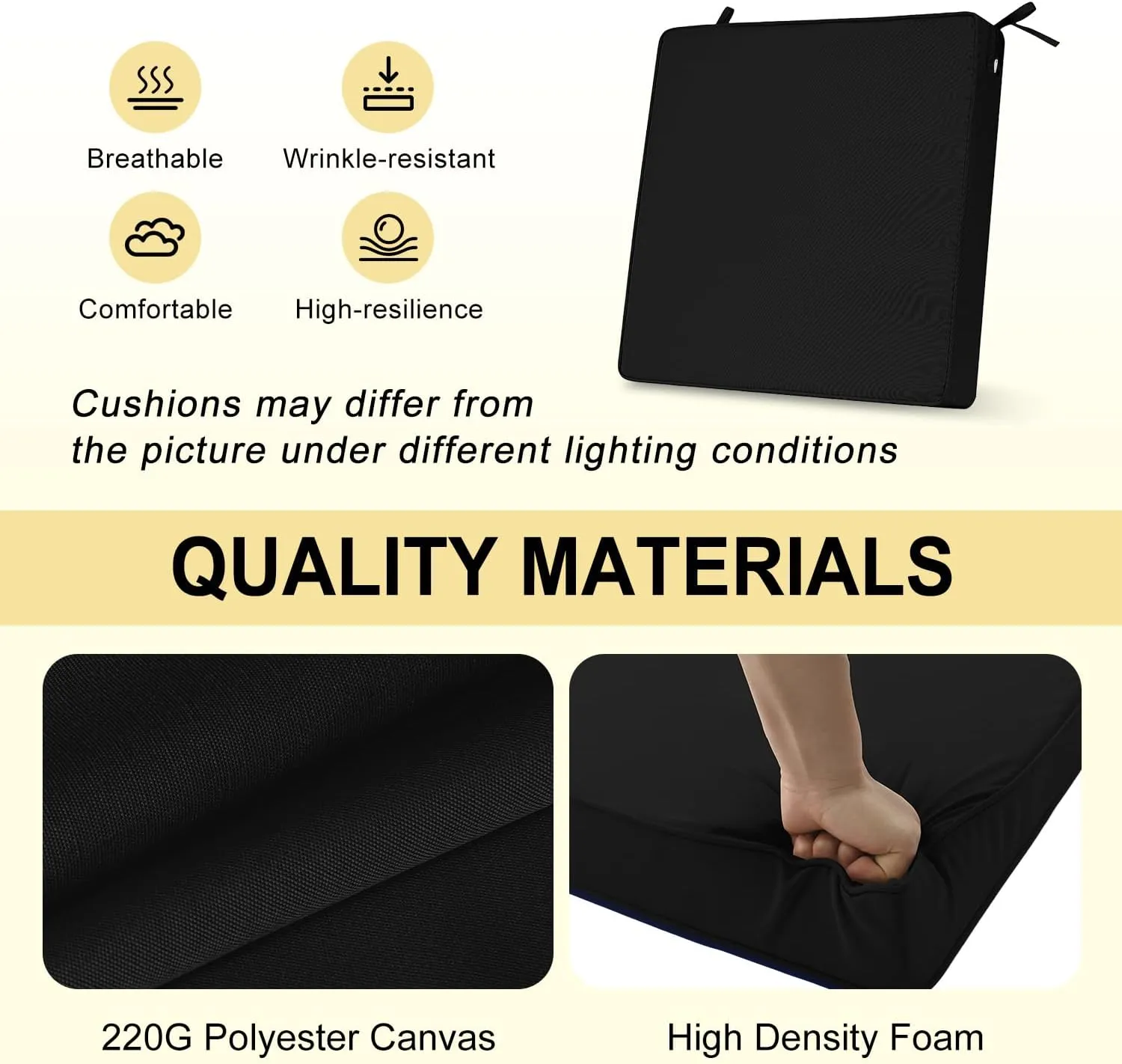 downluxe Waterproof Outdoor Chair Cushions for Patio Furniture, 19" x 19" x 2" Patio Chair Cushion with Adjustable Ties & Portable Handle, Square Outdoor Cushion with Removable Cover, Black, 2 Pack