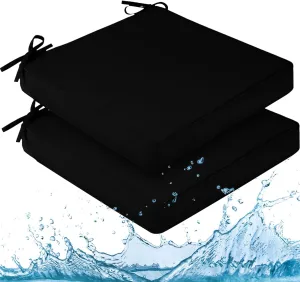 downluxe Waterproof Outdoor Chair Cushions for Patio Furniture, 19" x 19" x 2" Patio Chair Cushion with Adjustable Ties & Portable Handle, Square Outdoor Cushion with Removable Cover, Black, 2 Pack