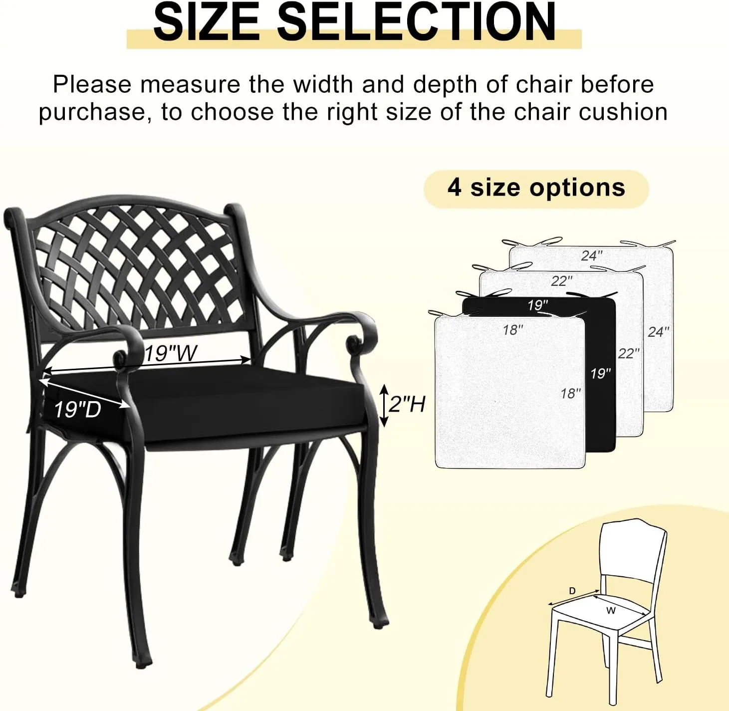 downluxe Waterproof Outdoor Chair Cushions for Patio Furniture, 19" x 19" x 2" Patio Chair Cushion with Adjustable Ties & Portable Handle, Square Outdoor Cushion with Removable Cover, Black, 2 Pack
