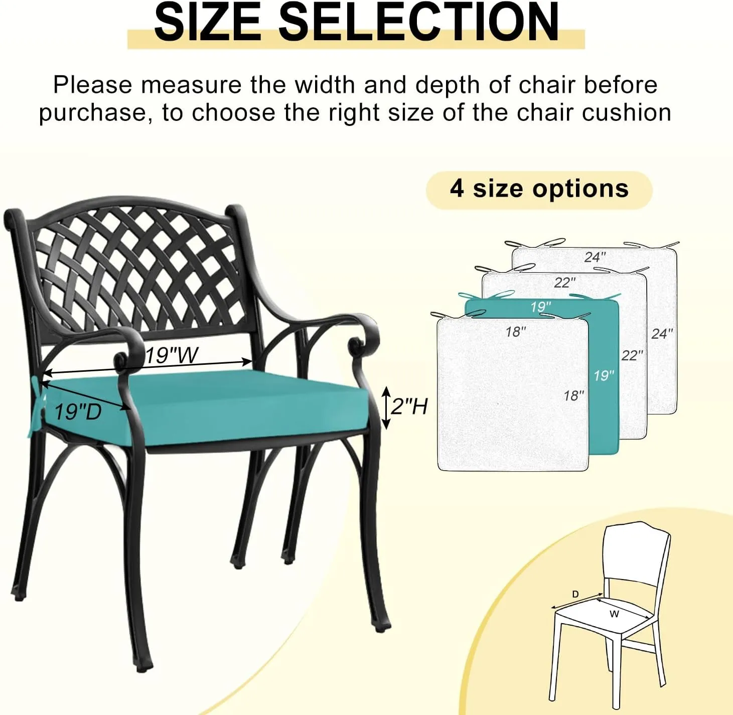 downluxe Waterproof Outdoor Chair Cushions for Patio Furniture, 19" x 19" x 2" Patio Chair Cushion with Adjustable Ties & Portable Handle, Square Outdoor Cushion with Removable Cover, Teal, 2 Pack