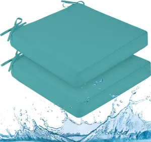 downluxe Waterproof Outdoor Chair Cushions for Patio Furniture, 19" x 19" x 2" Patio Chair Cushion with Adjustable Ties & Portable Handle, Square Outdoor Cushion with Removable Cover, Teal, 2 Pack