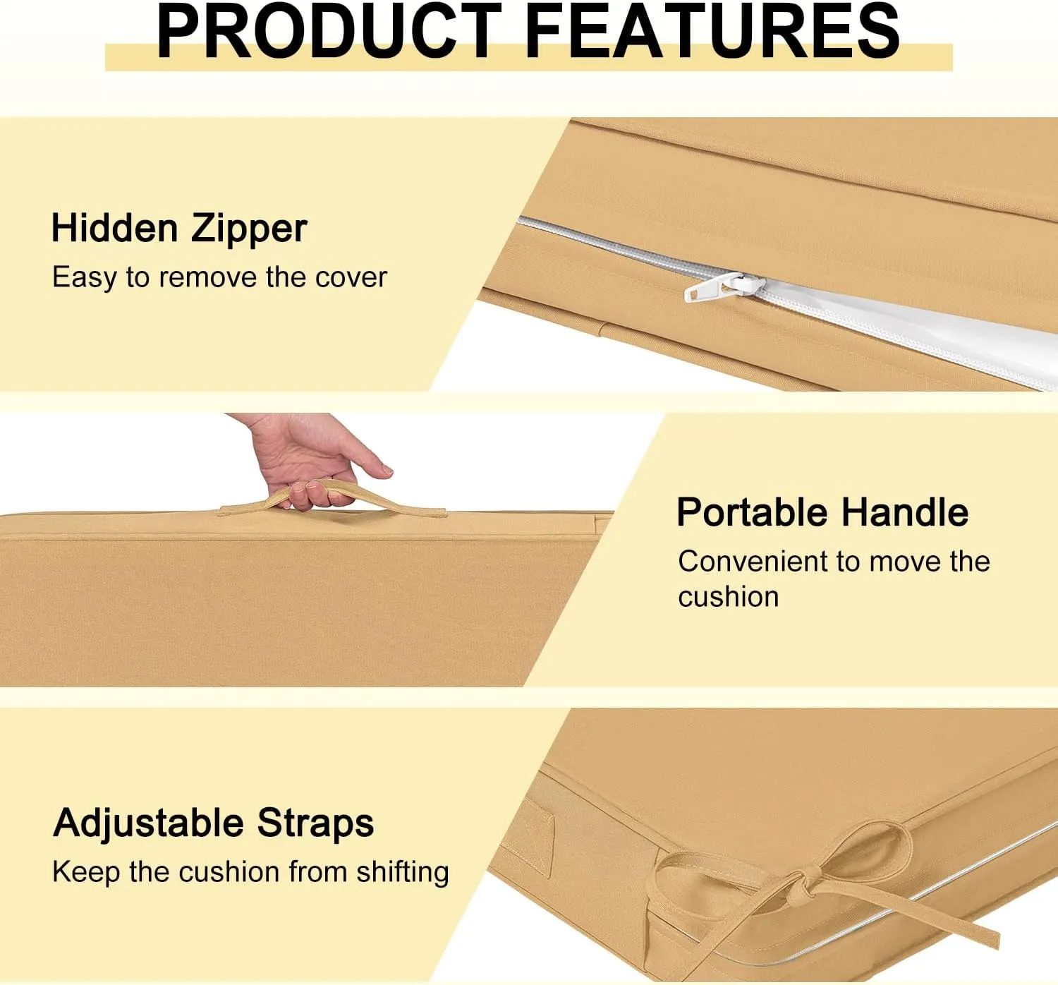 downluxe Waterproof Outdoor Chair Cushions for Patio Furniture, 22" x 22" x 3" Patio Chair Cushion with Adjustable Ties & Portable Handle, Square Outdoor Cushion with Removable Cover, Khaki, 2 Pack