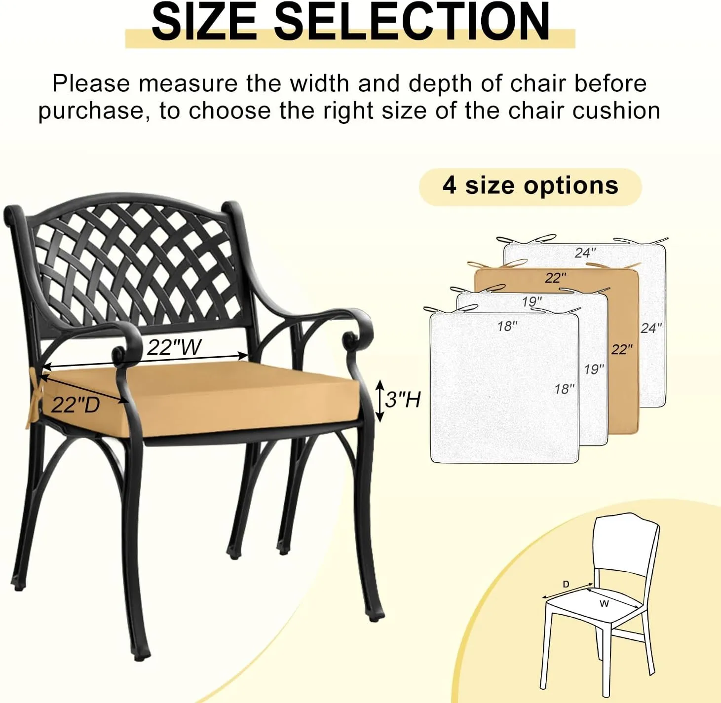 downluxe Waterproof Outdoor Chair Cushions for Patio Furniture, 22" x 22" x 3" Patio Chair Cushion with Adjustable Ties & Portable Handle, Square Outdoor Cushion with Removable Cover, Khaki, 2 Pack