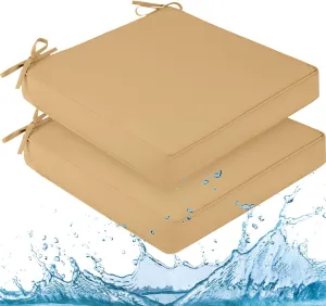downluxe Waterproof Outdoor Chair Cushions for Patio Furniture, 22" x 22" x 3" Patio Chair Cushion with Adjustable Ties & Portable Handle, Square Outdoor Cushion with Removable Cover, Khaki, 2 Pack