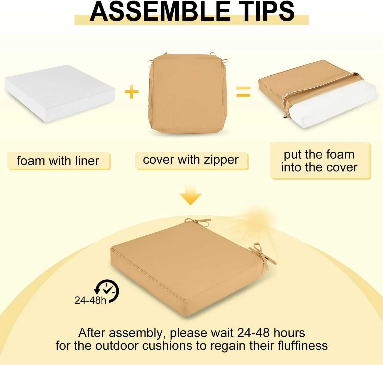 downluxe Waterproof Outdoor Chair Cushions for Patio Furniture, 22" x 22" x 3" Patio Chair Cushion with Adjustable Ties & Portable Handle, Square Outdoor Cushion with Removable Cover, Khaki, 2 Pack