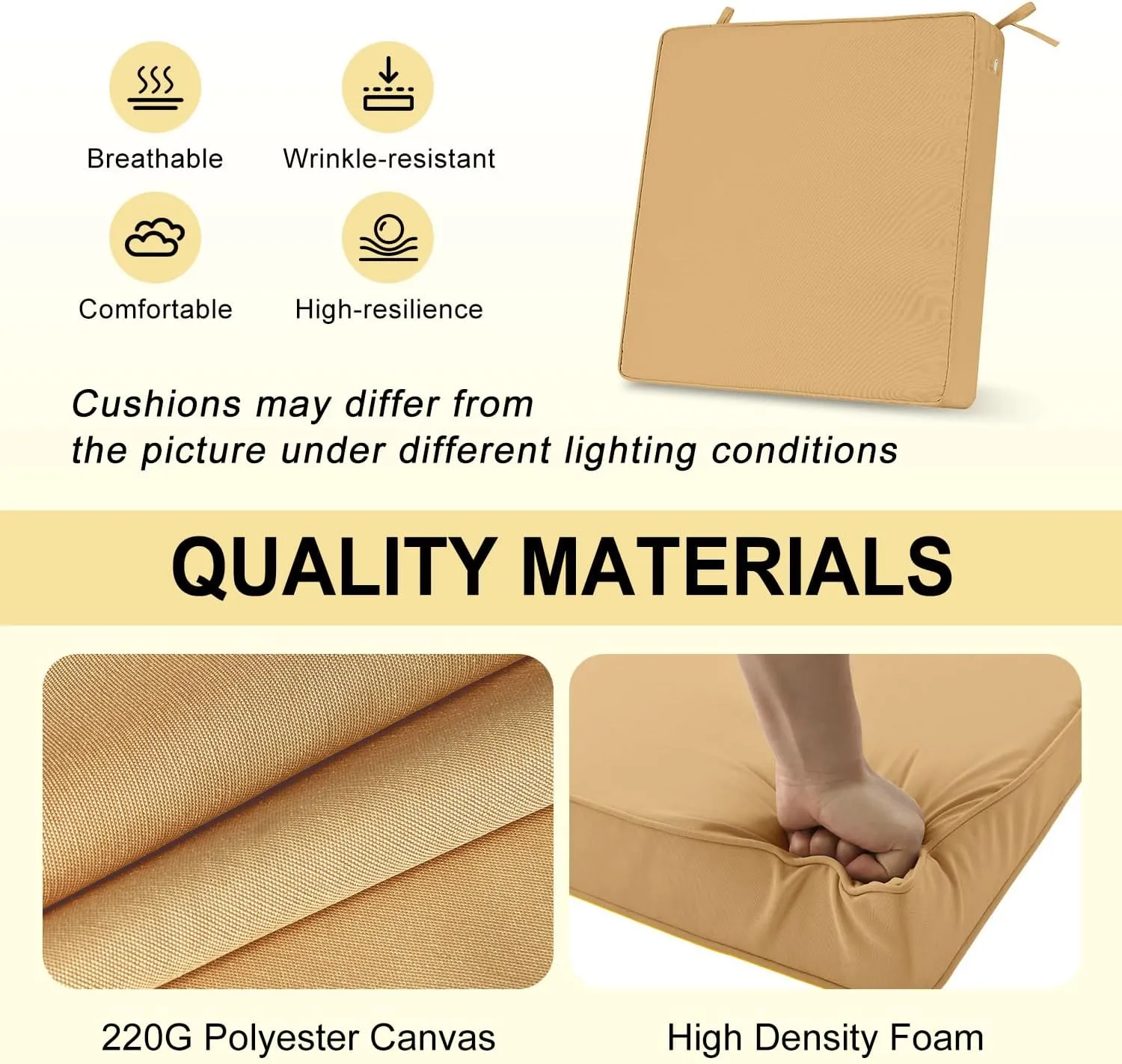 downluxe Waterproof Outdoor Chair Cushions for Patio Furniture, 22" x 22" x 3" Patio Chair Cushion with Adjustable Ties & Portable Handle, Square Outdoor Cushion with Removable Cover, Khaki, 2 Pack