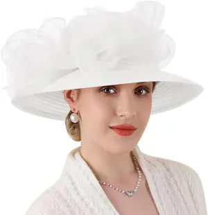 DRESHOW Women Organza Hat Church Cap Hats Cocktail Tea Party Wedding Bridal Flower Hat with Wide Brim