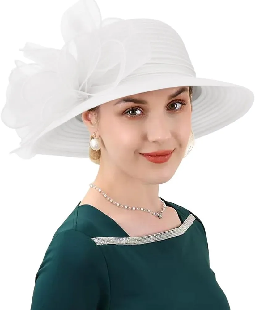 DRESHOW Women Organza Hat Church Cap Hats Cocktail Tea Party Wedding Bridal Flower Hat with Wide Brim