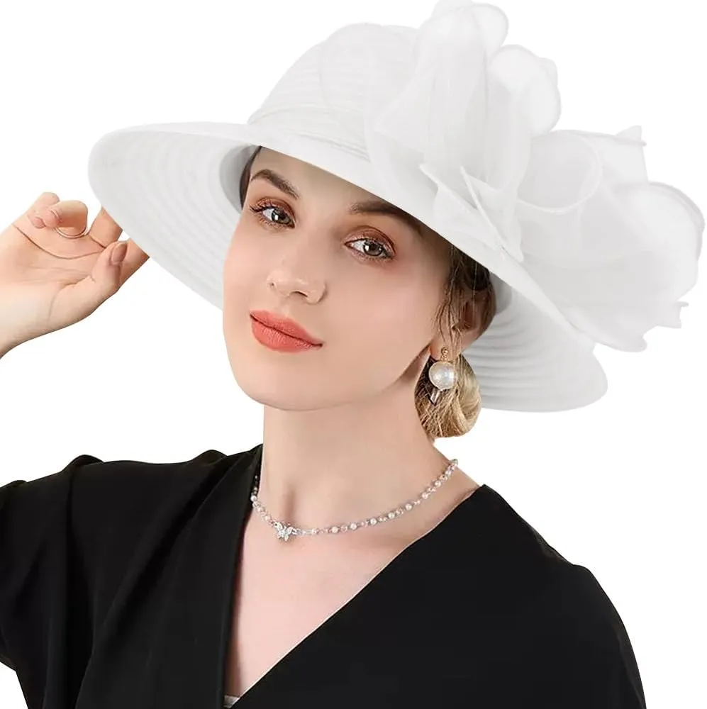 DRESHOW Women Organza Hat Church Cap Hats Cocktail Tea Party Wedding Bridal Flower Hat with Wide Brim