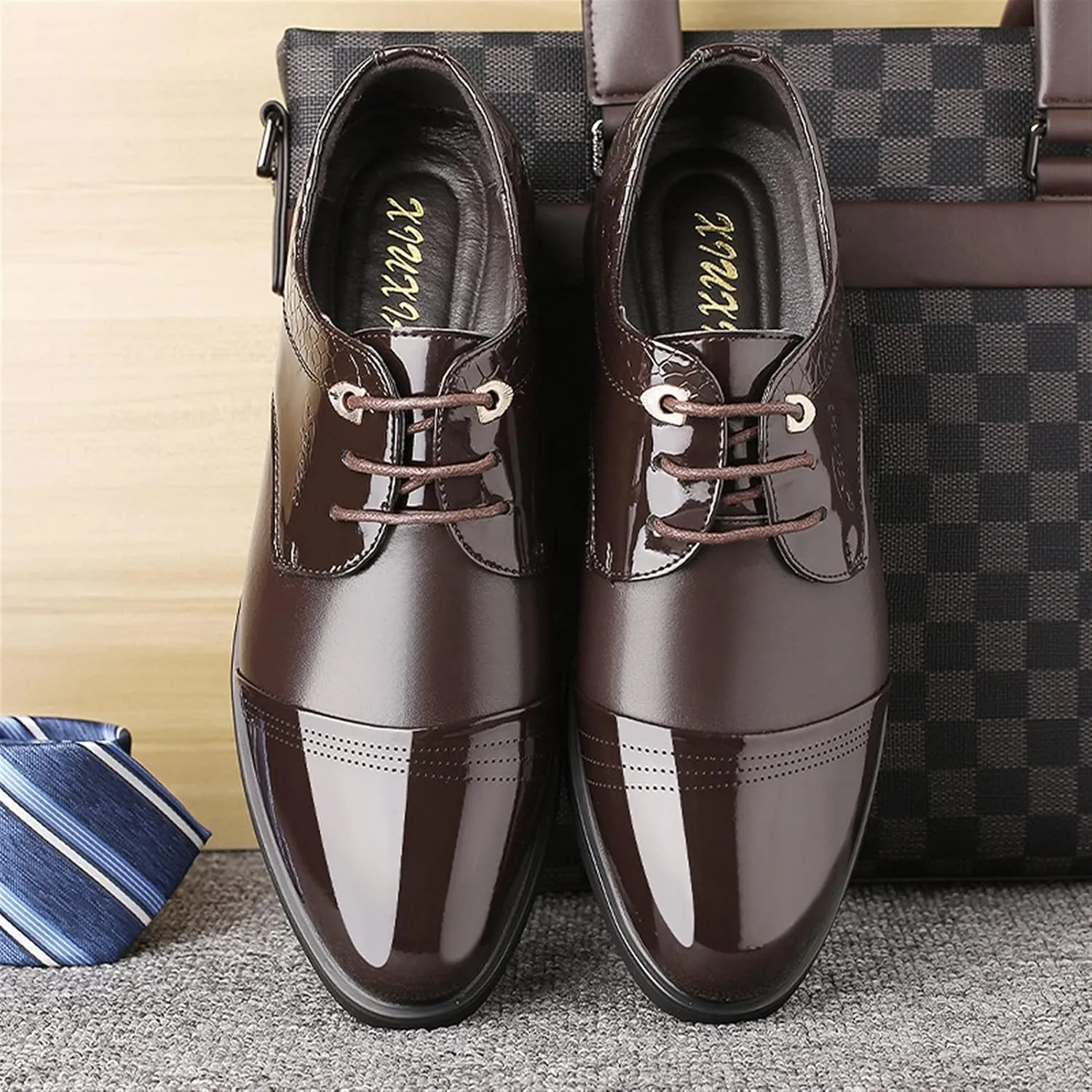 Dress Oxford for Men Lace Up Cap Toe Patchwork Patent Derby Shoes Vegan Leather Block Heel Low Top Slip Resistant Prom