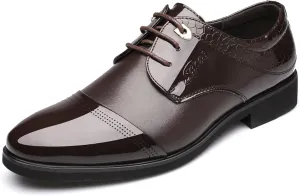 Dress Oxford for Men Lace Up Cap Toe Patchwork Patent Derby Shoes Vegan Leather Block Heel Low Top Slip Resistant Prom