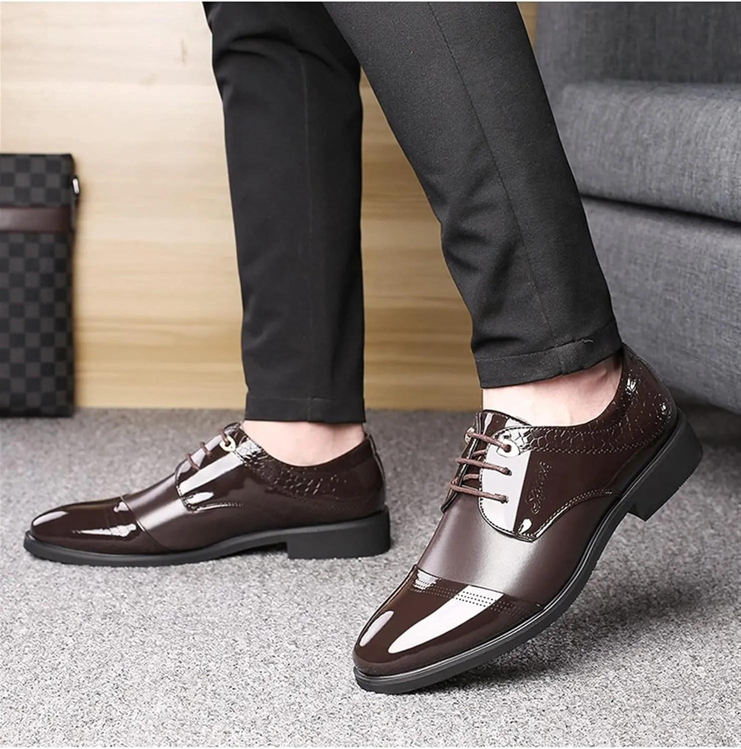 Dress Oxford for Men Lace Up Cap Toe Patchwork Patent Derby Shoes Vegan Leather Block Heel Low Top Slip Resistant Prom