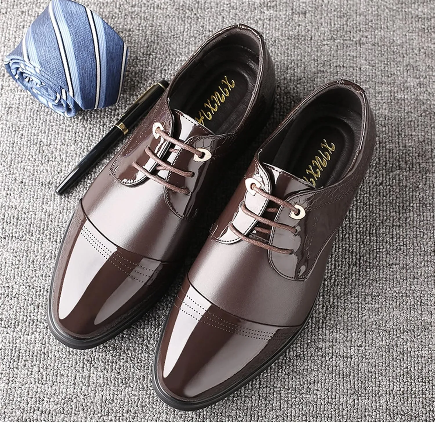 Dress Oxford for Men Lace Up Cap Toe Patchwork Patent Derby Shoes Vegan Leather Block Heel Low Top Slip Resistant Prom