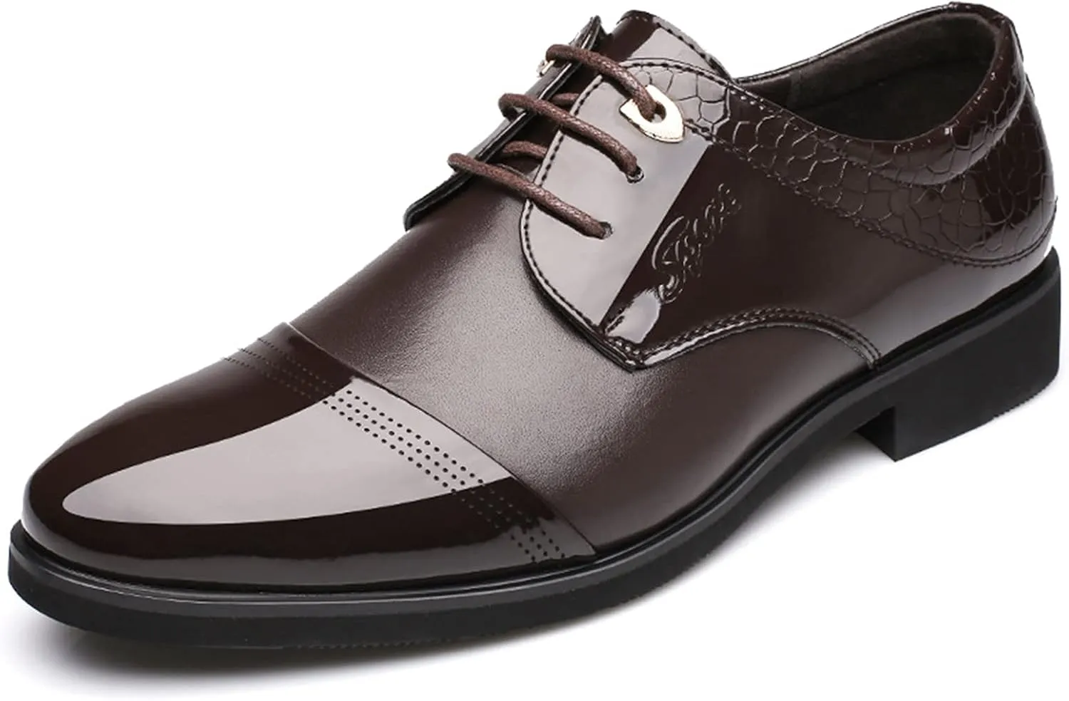 Dress Oxford for Men Lace Up Cap Toe Patchwork Patent Derby Shoes Vegan Leather Block Heel Low Top Slip Resistant Prom