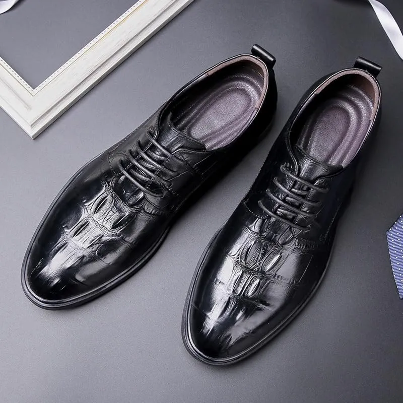 Dress Oxford for Men Lace Up Round Toe Genuine Leather Solid Color Derby Shoes Non Slip Resistant Anti-Slip Block Heel Rubber Sole Party