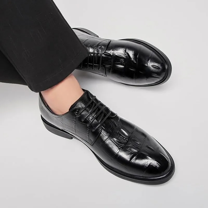 Dress Oxford for Men Lace Up Round Toe Genuine Leather Solid Color Derby Shoes Non Slip Resistant Anti-Slip Block Heel Rubber Sole Party