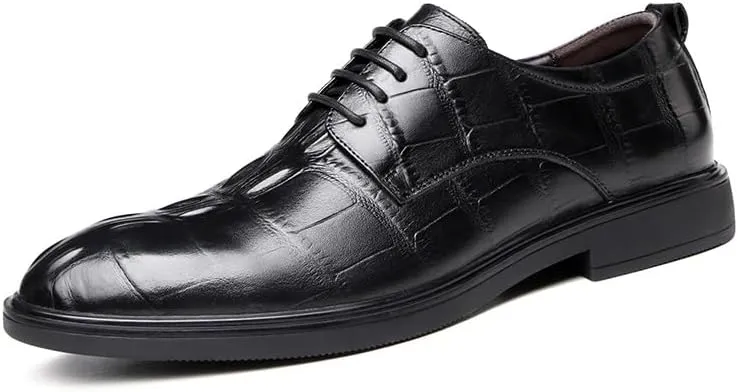 Dress Oxford for Men Lace Up Round Toe Genuine Leather Solid Color Derby Shoes Non Slip Resistant Anti-Slip Block Heel Rubber Sole Party
