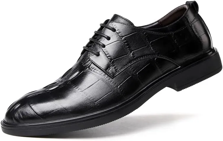 Dress Oxford for Men Lace Up Round Toe Genuine Leather Solid Color Derby Shoes Non Slip Resistant Anti-Slip Block Heel Rubber Sole Party