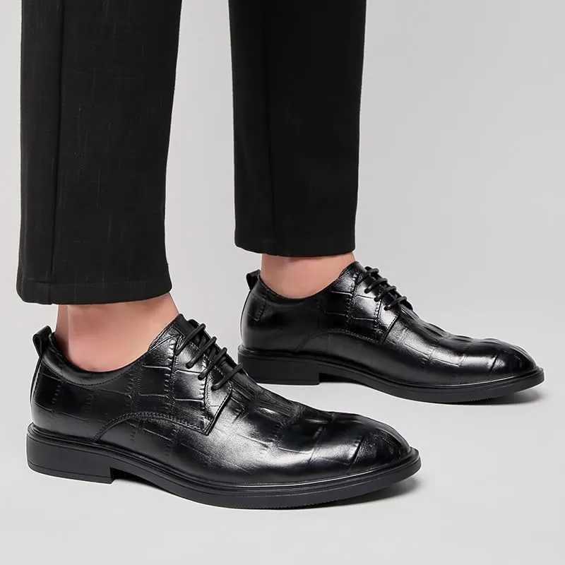 Dress Oxford for Men Lace Up Round Toe Genuine Leather Solid Color Derby Shoes Non Slip Resistant Anti-Slip Block Heel Rubber Sole Party
