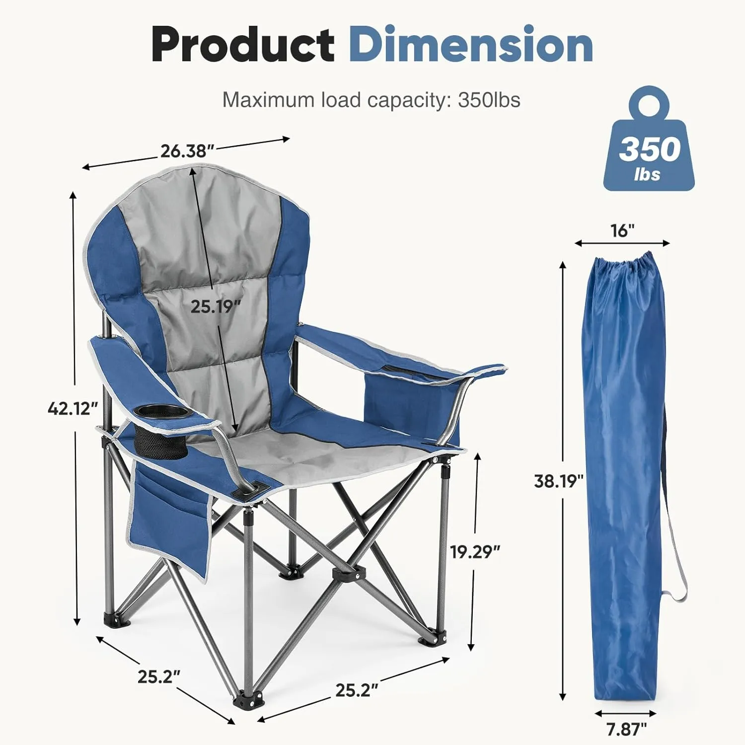 DUMOS Folding Camping Chairs, Outdoor Collapsible Padded Chairs with Cup Holder & Cooler Bag, Heavy Duty Portable Camping Chair for Garden Beach Fishing Sports