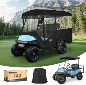 Enclosure Universal Rain Cover, Portable & Drivable 4-Sided Black Golf Cart Cover Fit Club Car/EZGO RXV TXT, Yamaha, 4 Passenger 93.7 in Roof, 93-3/4" Top