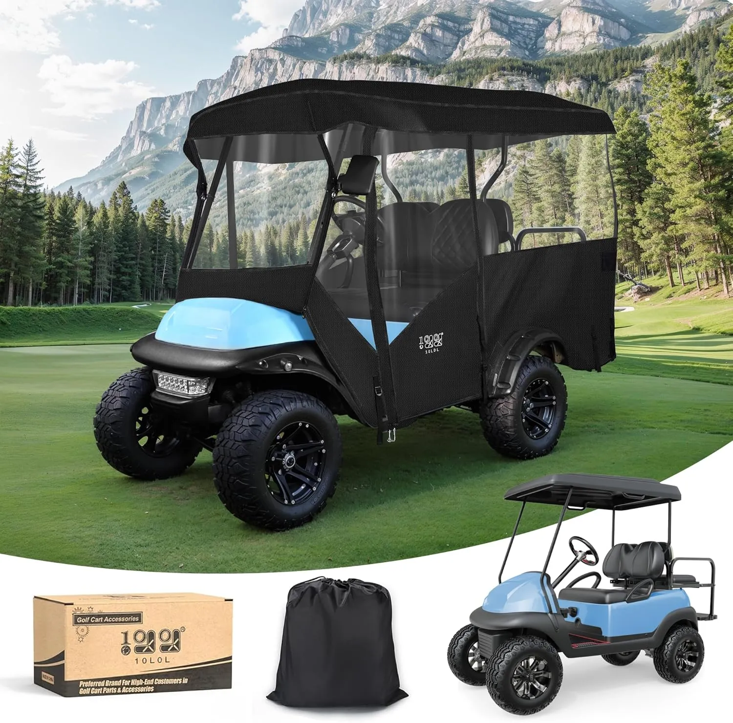 Enclosure Universal Rain Cover, Portable & Drivable 4-Sided Black Golf Cart Cover Fit Club Car/EZGO RXV TXT, Yamaha, 4 Passenger 93.7 in Roof, 93-3/4" Top