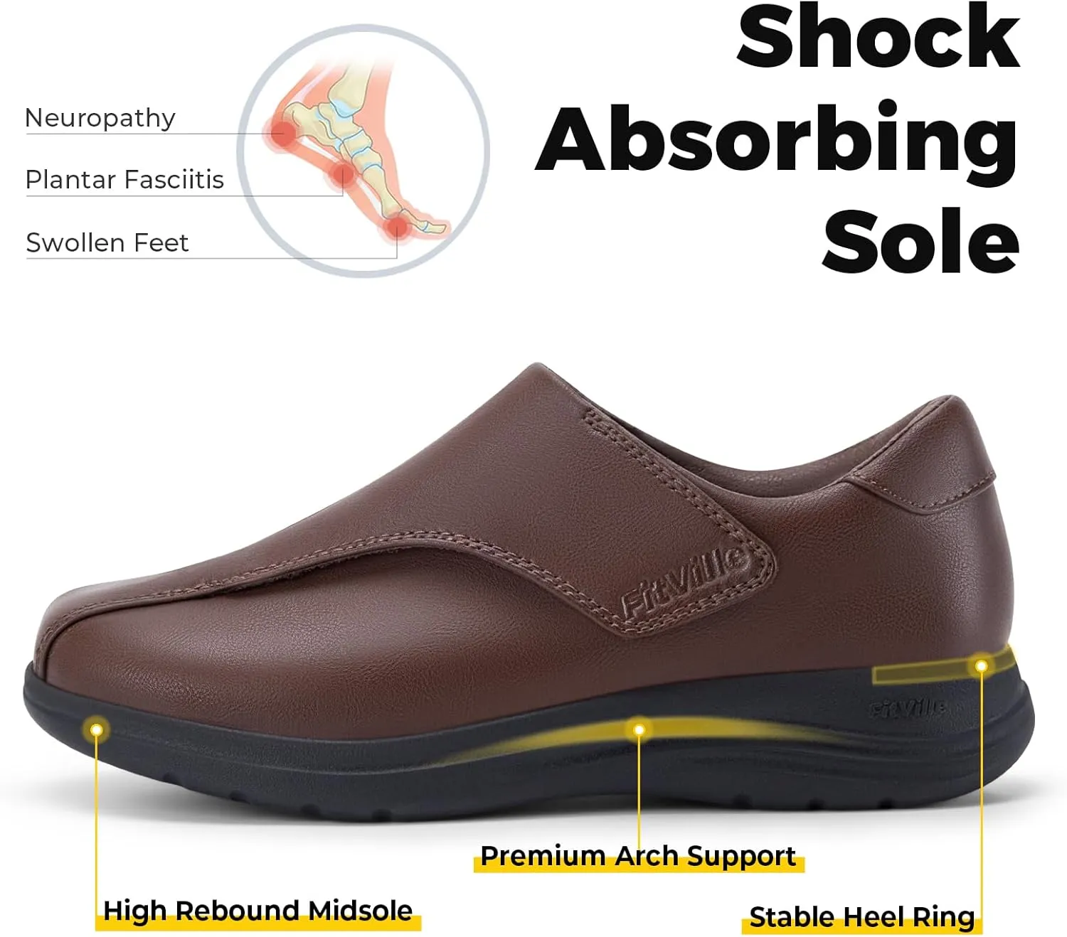 FitVille Diabetic Shoes for Women Slip On Classic Oxford Shoes Adjustable Strap Business Formal Dress Shoes PU Leather Loafers Edema Shoes Plantar Fasciitis Sneakers - EasyTop Dress Shoes V1