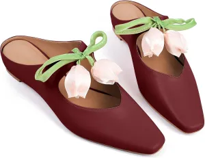 Flower Mule Heels for Women Closed Square Toe Floral Slip on Mules Fashion Wedge Slides Shoes 2025
