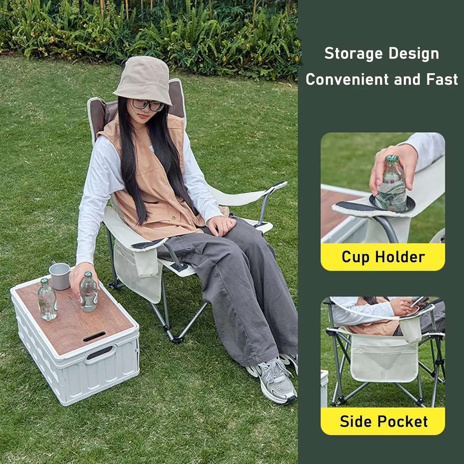 Folding Camping Chair for Adults, 2 Heights Adjustable, Lightweight Folding Recliner Beach Chair with Footrest & Cup Holder, Portable Lounge Chair for Picnic Hiking Traveling,Blue A (Beige One Size)