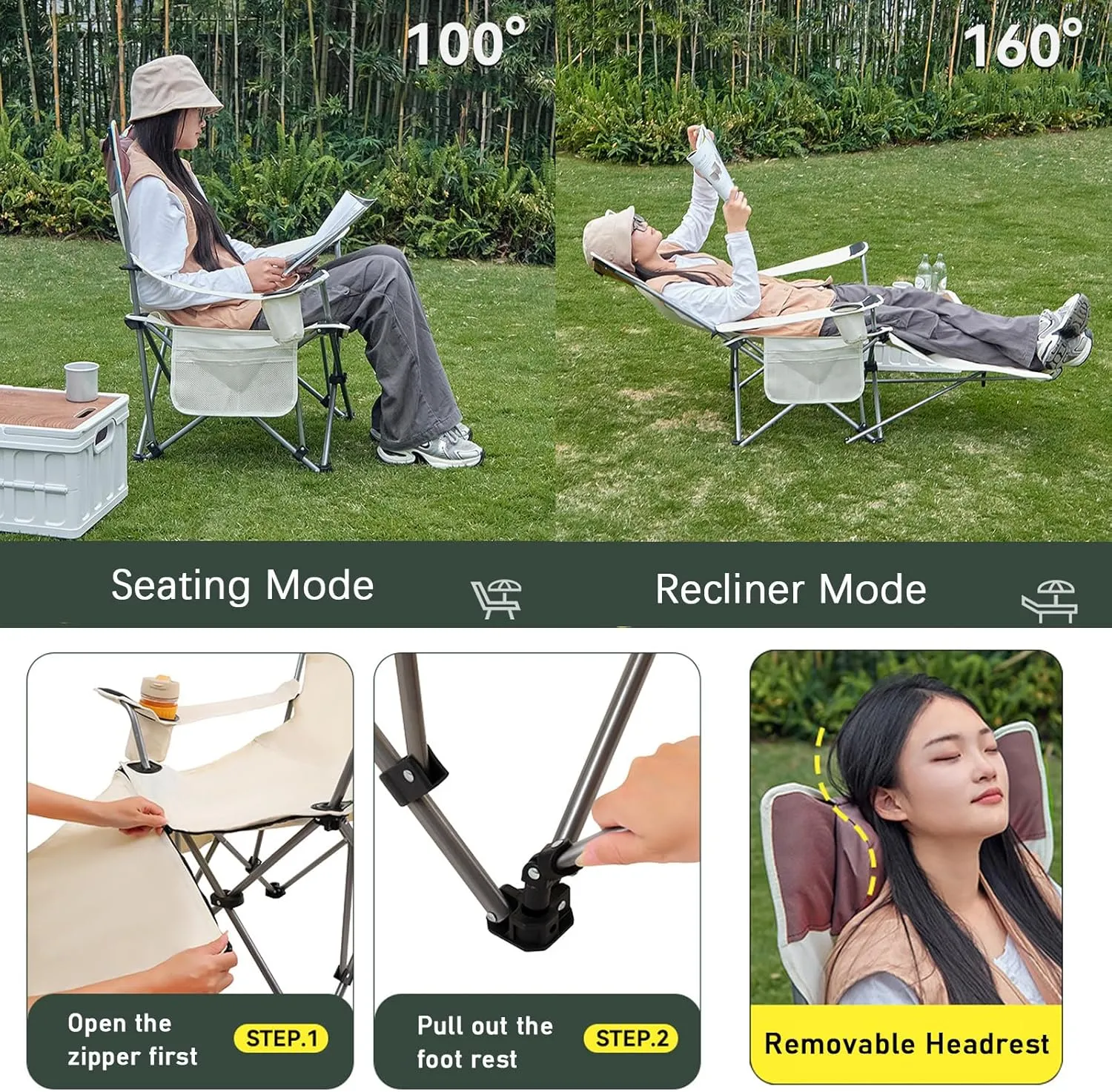 Folding Camping Chair for Adults, 2 Heights Adjustable, Lightweight Folding Recliner Beach Chair with Footrest & Cup Holder, Portable Lounge Chair for Picnic Hiking Traveling,Blue A (Beige One Size)