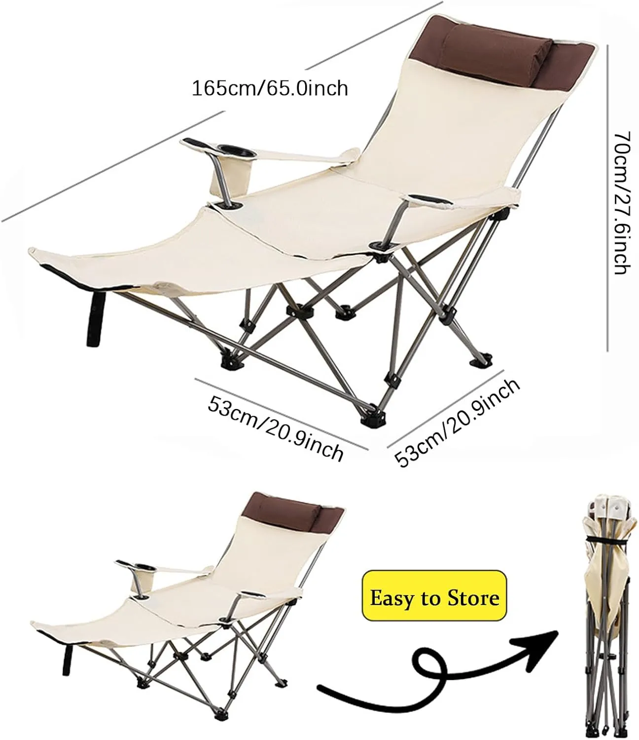 Folding Camping Chair for Adults, 2 Heights Adjustable, Lightweight Folding Recliner Beach Chair with Footrest & Cup Holder, Portable Lounge Chair for Picnic Hiking Traveling,Blue A (Beige One Size)