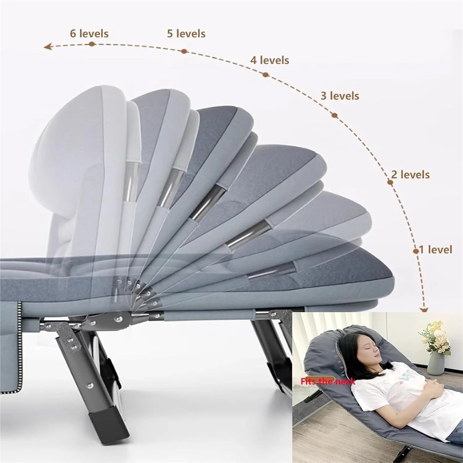 Folding Camping Cot,Camping Cot for Adults, Foldable Outdoor Bed Heavy Duty Camping Cots 6 Levels Adjustable Backrest for Office Naps Beach Vocation and Home Lounging(180 * 60 * 30cm)