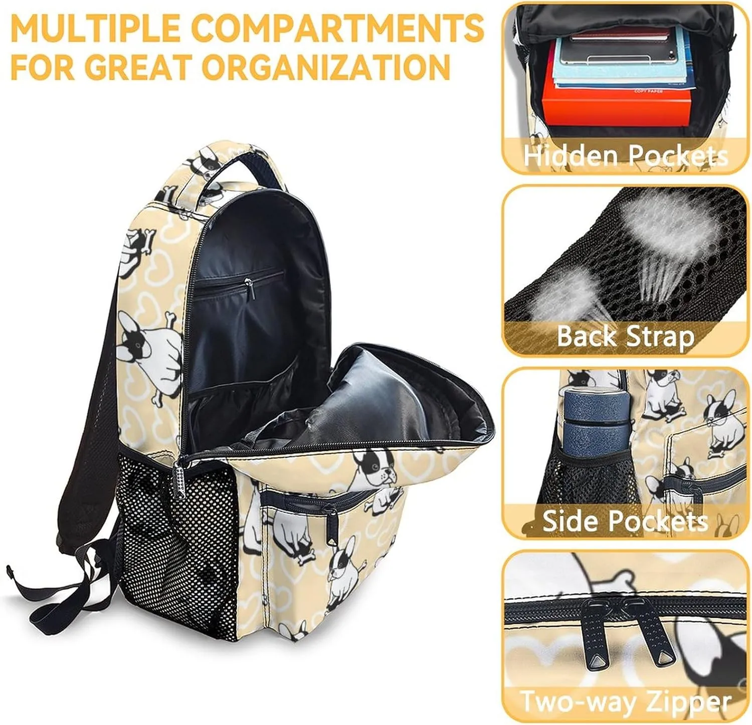 French Bulldog Backpack for Girls Boys, 16 Inch School Bookbag with Adjustable Straps, Travel Bag Durable, Lightweight, Large Capacity