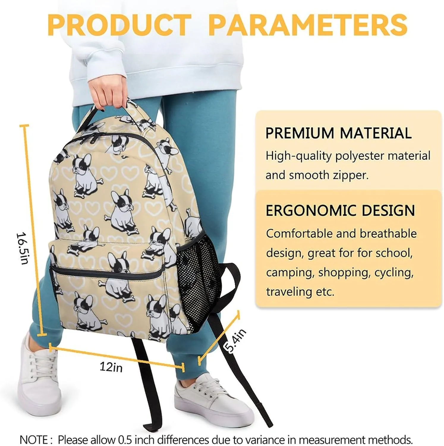 French Bulldog Backpack for Girls Boys, 16 Inch School Bookbag with Adjustable Straps, Travel Bag Durable, Lightweight, Large Capacity