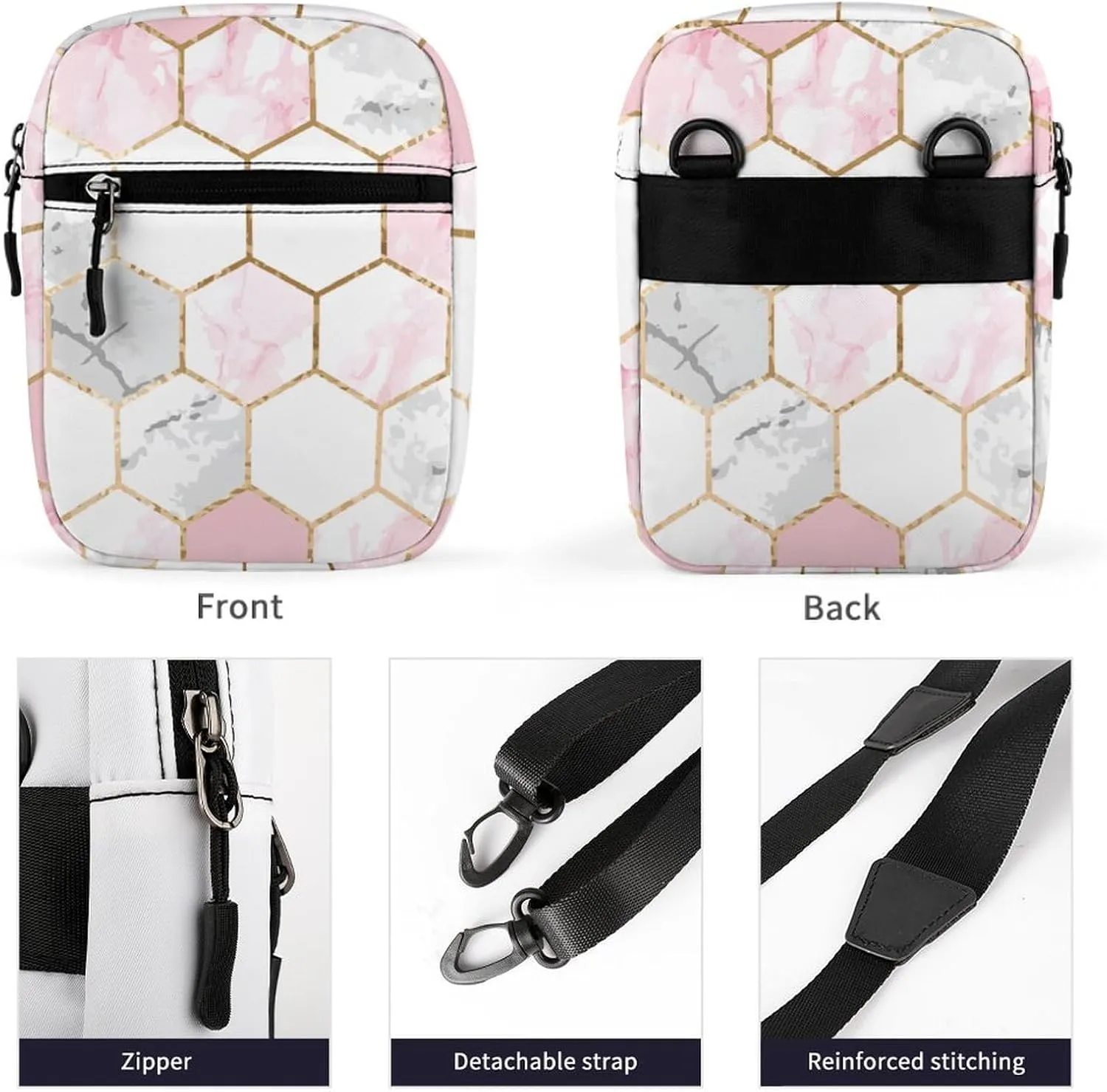 Geometric Gold Rose Pink Hexagonal Tile Detachable Shoulder Strap Small Shoulder Bag Unisex