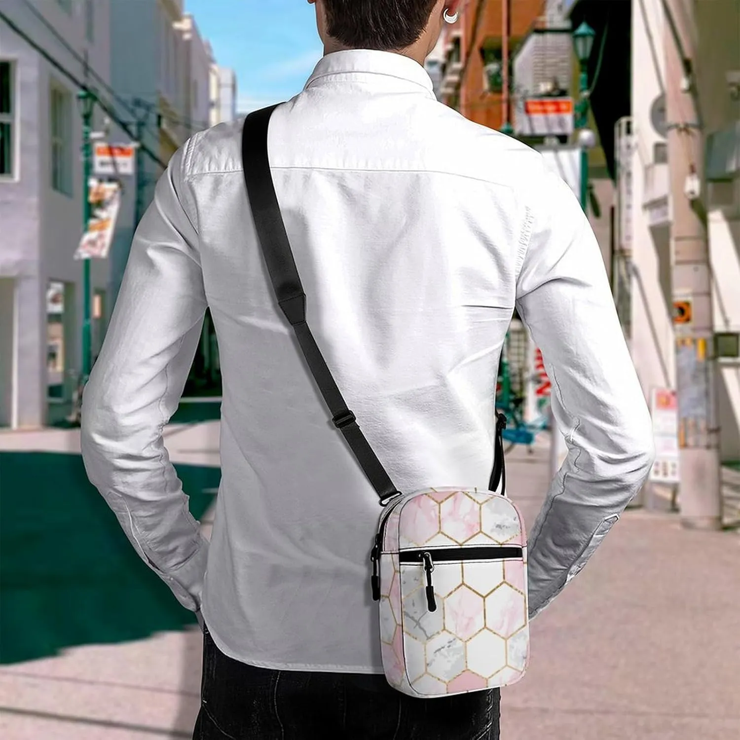 Geometric Gold Rose Pink Hexagonal Tile Detachable Shoulder Strap Small Shoulder Bag Unisex